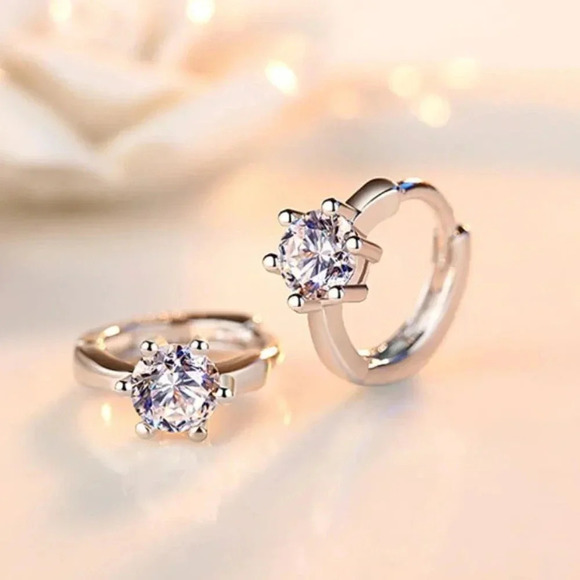 925 Sterling Silver Diamond Huggie Hoop Earrings - Picture 1 of 7